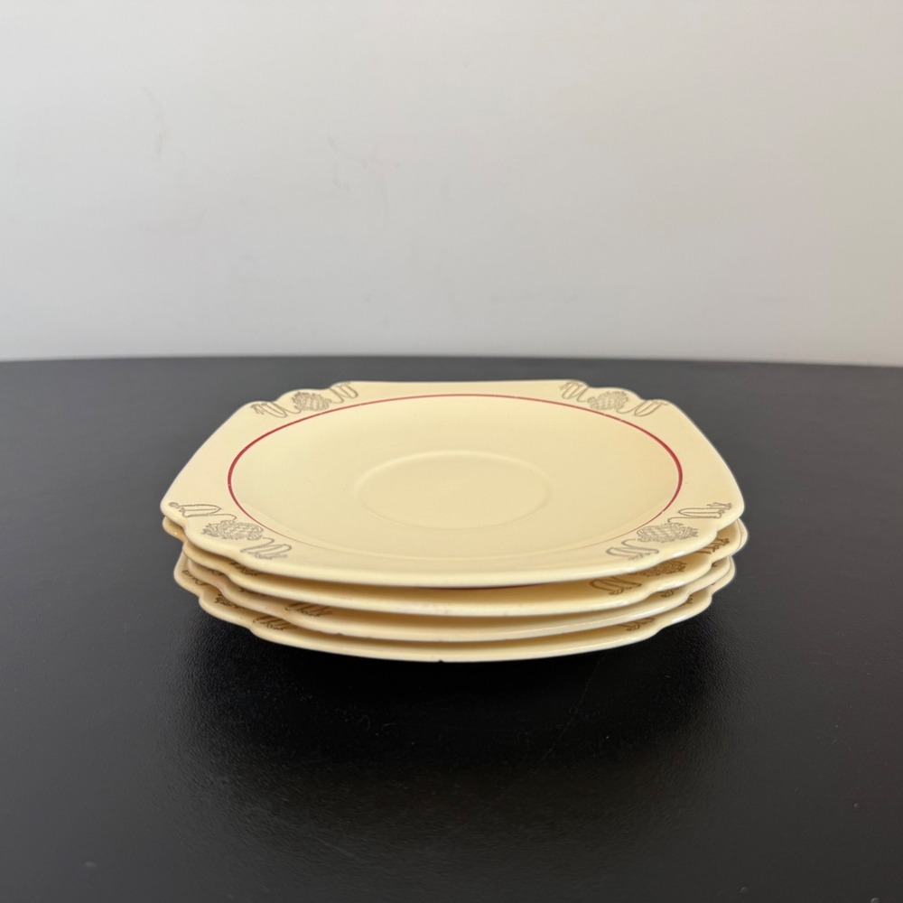 Homer Laughlin Plates Set of 4 Cream Red Gold Art Deco Scalloped Square Vintage